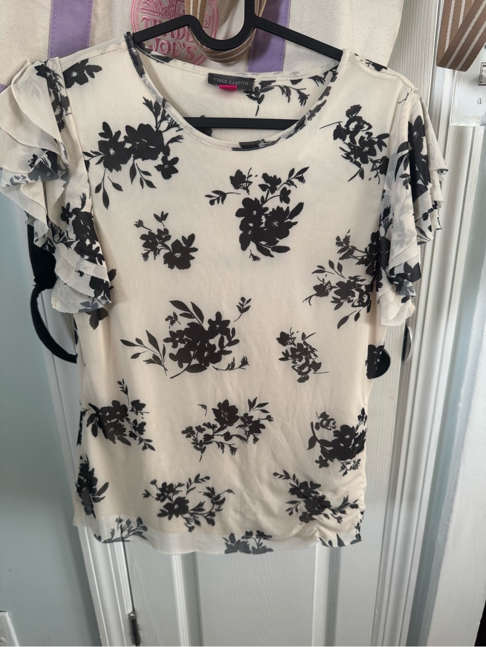 Vince Camuto Cream Blouse with Black Floral Print and Ruffle Sleeves